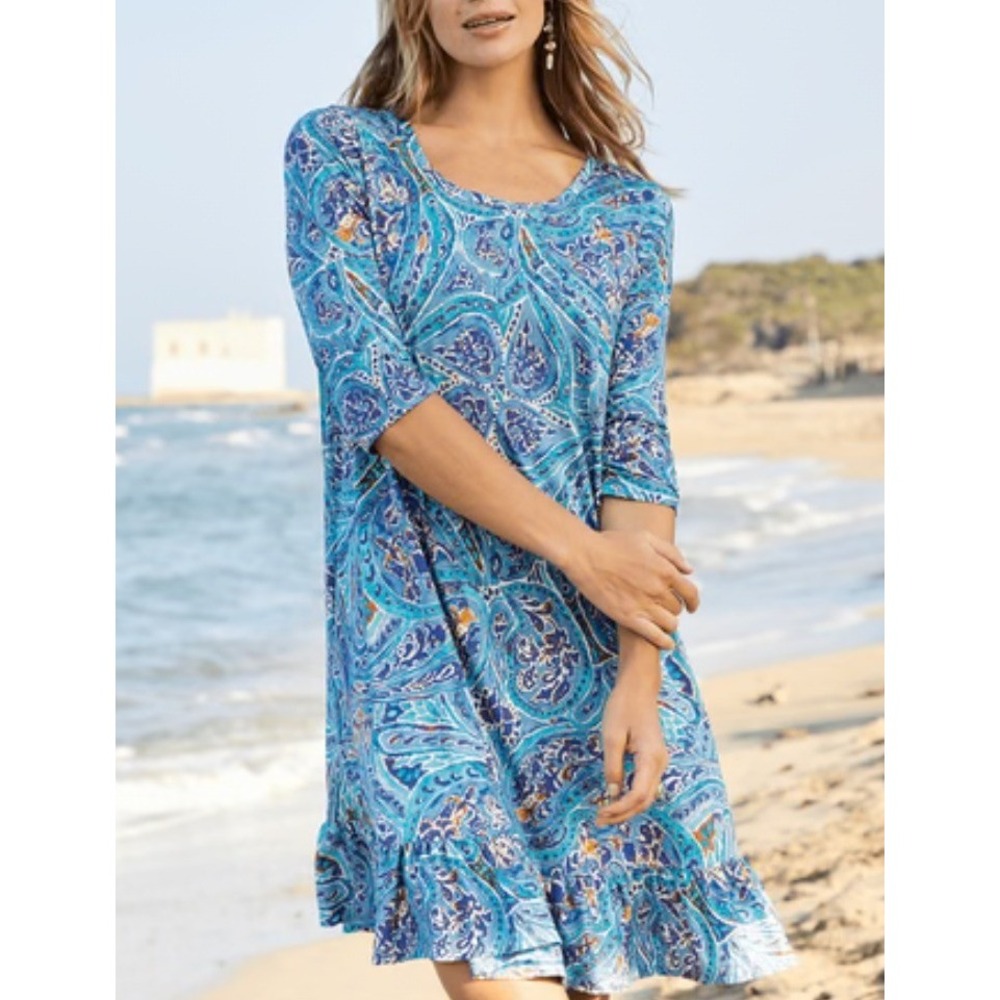 Peruvian Connection Venezia Paisley Print Dress Blue Turquoise Size Large‎